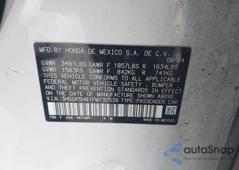 2015 Honda Fit Ex/Ex-L z USA, uszkodzony, nr VIN 3HGGK5H81FM730538